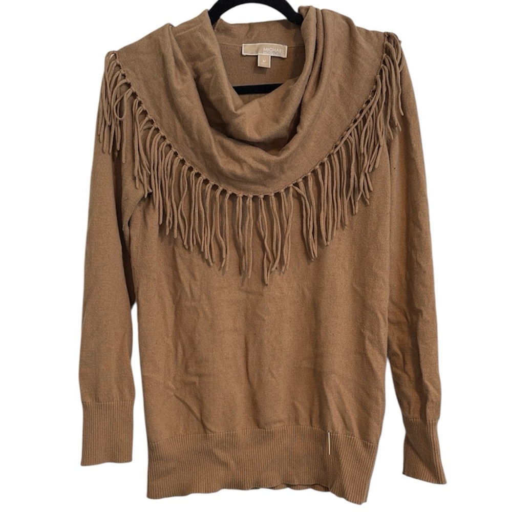 🌻 Michael Michael Kors Light Brown Fringed Cowl Neck Sweater